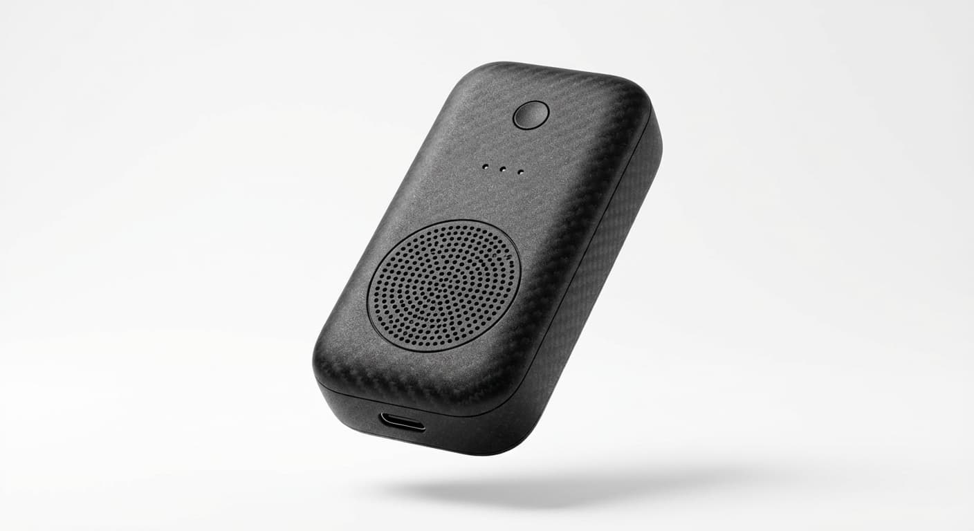 Tabrys device — carbon fiber PETG housing with speaker grille, LED indicators, and USB-C port